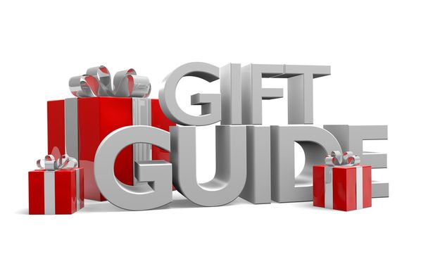 Texto de la guía de regalo y tres regalos rojos de Navidad envueltos en cintas de plata
 - Foto, imagen