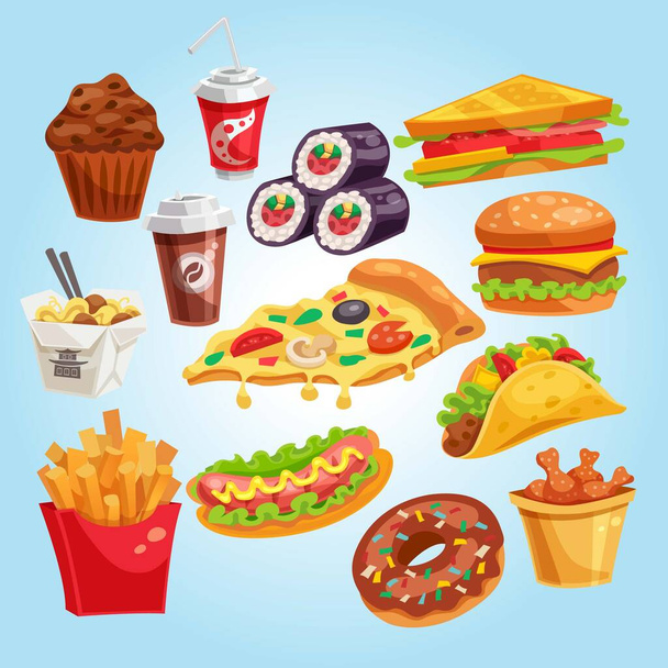 pikaruoka, roskaruoka, epäterveellinen syöminen, hampurilainen, limsa, kahvi, välipala, pizza, - Vektori, kuva