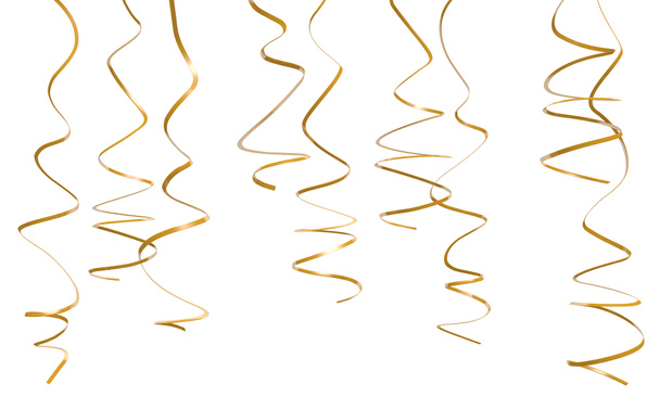 Decorativas serpentinas de fiesta de oro colgando sobre fondo blanco
 - Foto, imagen