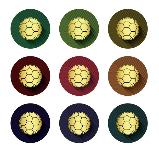 Golden fotbalový míč ikony set s dlouhý stín, efekt - Vektor, obrázek
