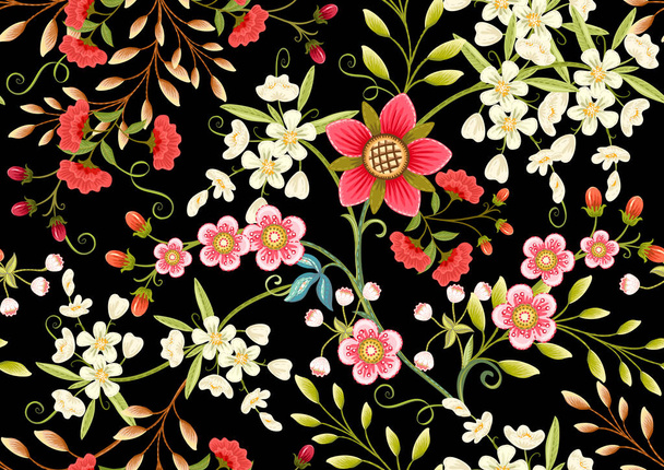 Fantasy flowers in retro, vintage, jacobean embroidery style. Seamless pattern, background. Vector illustration. - Vektor, obrázek