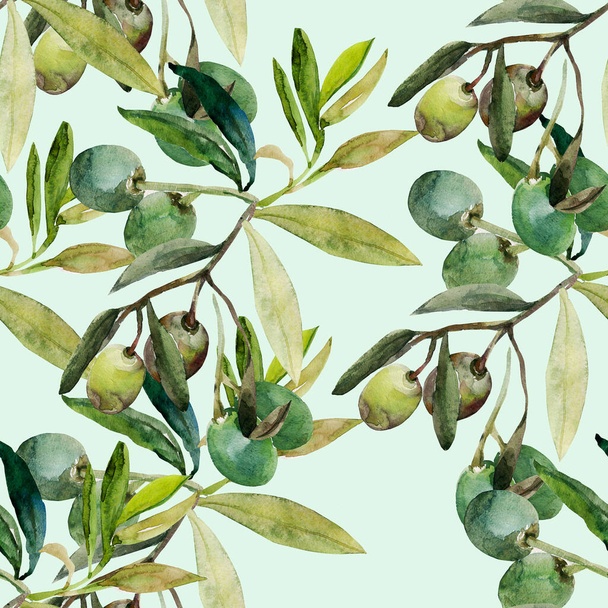 Olive watercolor seamless pattern.Image on white and colored background. - Фото, изображение