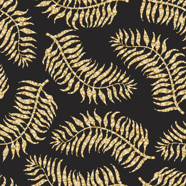 Golden Tropical foglie di palma su uno sfondo nero. Motivo floreale oro senza cuciture - Vettoriali, immagini