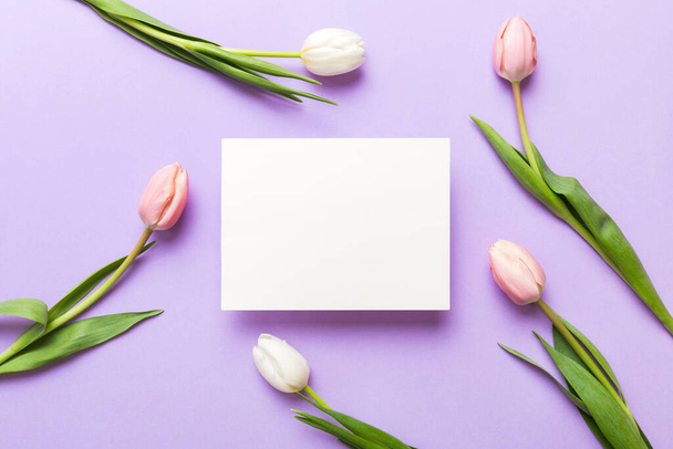 Composition with blank card and beautiful flowers tulip on coloredbackground. top view with space for you desing. - Foto, immagini