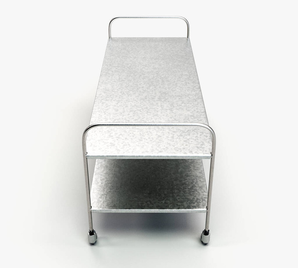 A simple stainless steel and chrome hospital or mortuary gurney with two flat surfaces and castor wheels on an isolated white background - 3D render - Photo, Image