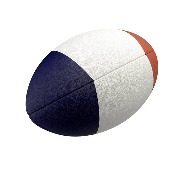 A fehér texturált rögbi labda színes design képviseli a francia nemzeti zászló egy elszigetelt háttér - 3D render - Fotó, kép
