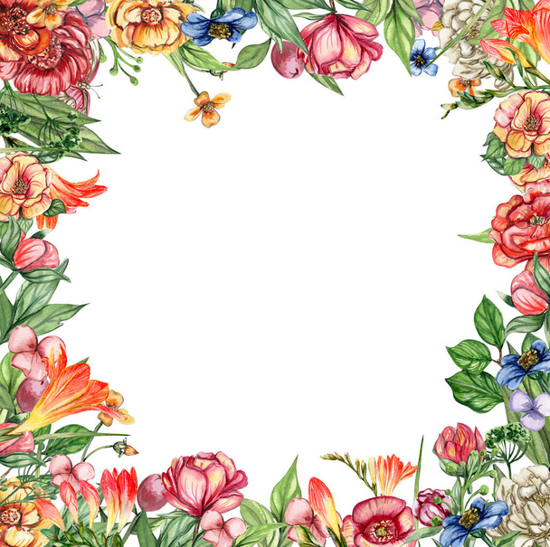 花の正方形のフレームでいっぱいの春の庭を描いた水彩手。スクラップブッキングのための水彩イラスト。子供のデザインのための花で背景を描いた漫画の手。結婚式の招待に最適. - 写真・画像