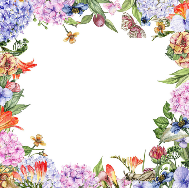 Akwarela ręcznie rysowane wiosenny ogród pełen kwiatów kwadratowych ramki. Ilustracja akwareli do albumu. Kreskówka ręcznie rysowane tło z kwiatem dla dzieci projektowania. Idealny na zaproszenie ślubne. - Zdjęcie, obraz