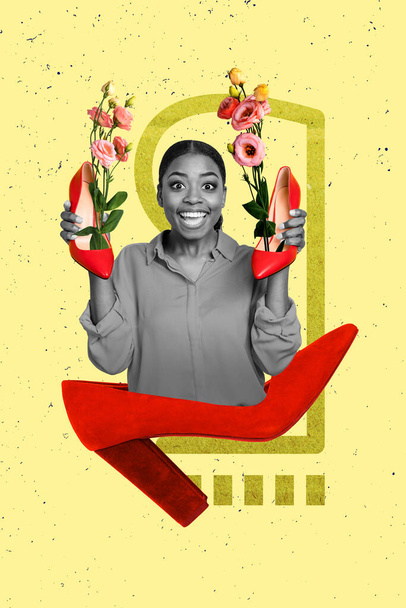 Designed shopping magazine collage of young girl fashionista hold her new red high heels advertisement roses isolated on yellow background. - Foto, Imagem