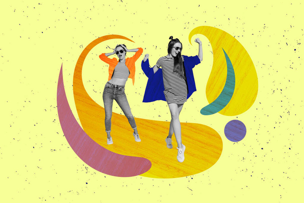 Colorful template collage of youngster girls dancing weekend relax wear stylish clothes sunglass chill party isolated on yellow background. - Foto, immagini