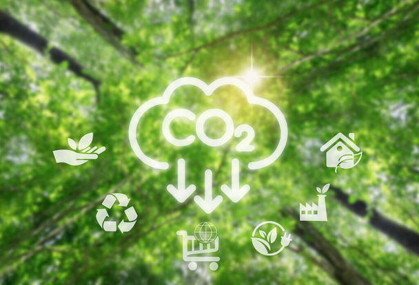 Reduce CO2 emissions to limit climate change and global warming. Low greenhouse gas levels, decarbonize, net zero carbon dioxide footprint. green background. - Photo, image