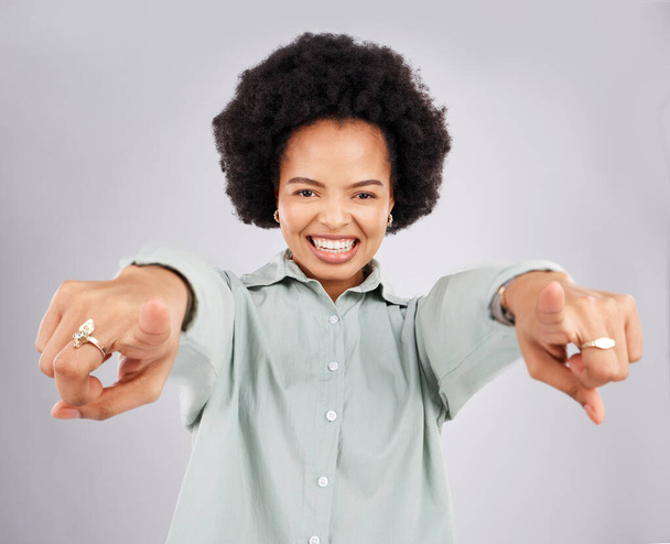 Point, excited and portrait of black woman in studio with hand gesture for choice, motivation and you. Mockup space, white background and isolated girl pointing for decision, encouragement and deal. - Foto, Imagem