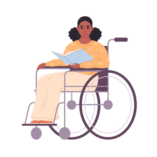 Musta nainen pyörätuolissa kirjan kanssa. Lukemista, kirjallisuutta, opettamista. Opettaja, kirjastonhoitaja tai liikenainen. Vektoriesimerkki - Vektori, kuva