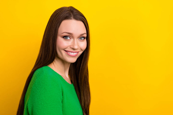 Profile photo of adorable cheerful girl beaming smile empty space ad isolated on yellow color background. - Φωτογραφία, εικόνα