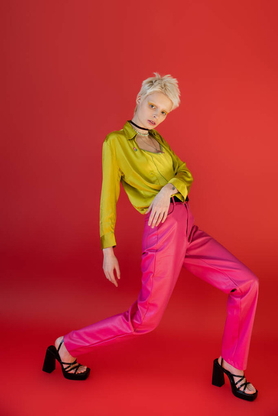 full length of stylish albino model in trendy outfit posing on carmine pink  - Фото, изображение