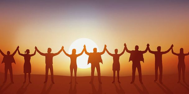 Концепция солидарности и союза с мужчинами и женщинами, которые объединяют руки, чтобы сформировать человеческую цепь. - Вектор,изображение