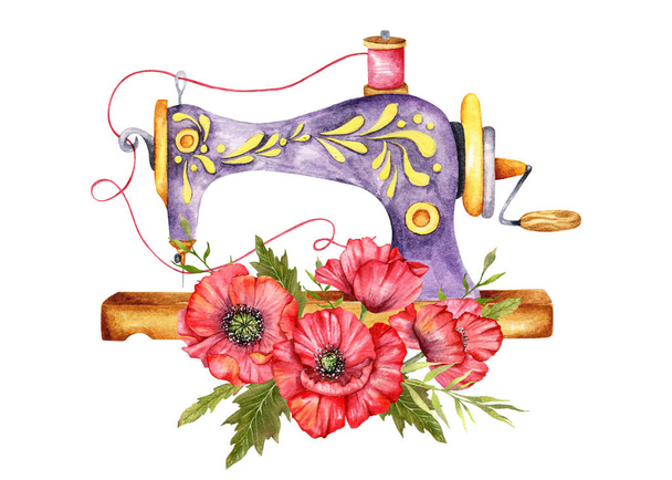 Logo de costura. Máquina de coser vintage con corona floral. Ilustración en acuarela sobre fondo blanco aislado. Hobby. Pasatiempo casero. Bordado, costura. Logo de la sastrería. - Foto, Imagen