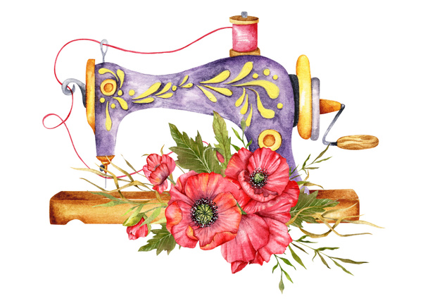Logo de costura. Máquina de coser vintage con corona floral. Ilustración en acuarela sobre fondo blanco aislado. Hobby. Pasatiempo casero. Bordado, costura. Logo de la sastrería. - Foto, Imagen