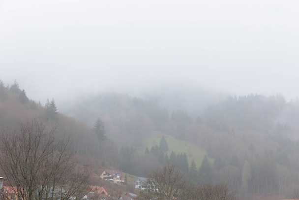 После дождя, покрывала тумана поднимаются из лесов в долине Визенталь близ Шопфхейма в Шварцвальде - Фото, изображение
