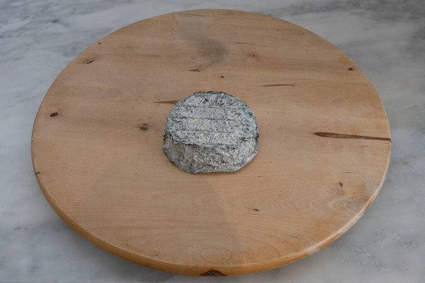 French culinary Still Life. Piece of cheese Selles Sur Cher placed on a wooden pan - Photo, Image