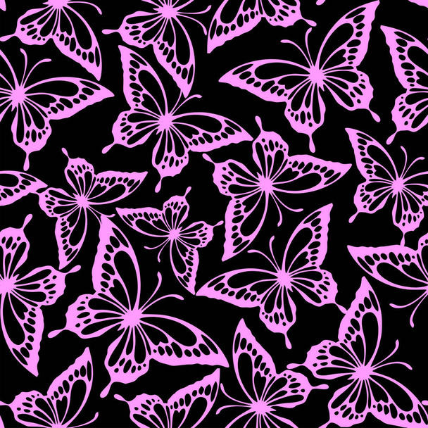 hladký vzor růžových obrysů motýlů na černém pozadí, textura, design - Vektor, obrázek