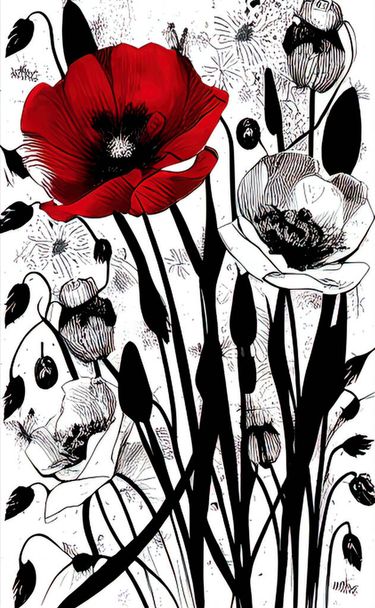 白い背景にケシの花の黒と赤のドローイング、インク、デザイン - 写真・画像