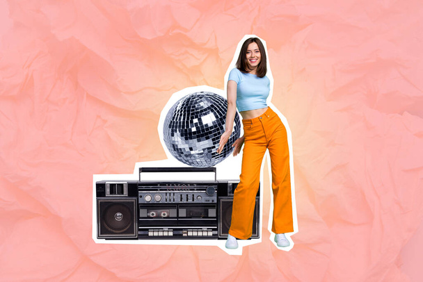 Photo collage of young funky girl cheerful dancing weekend event enjoy vintage party have fun cassette player disco ball isolated on pink background. - Foto, Imagem