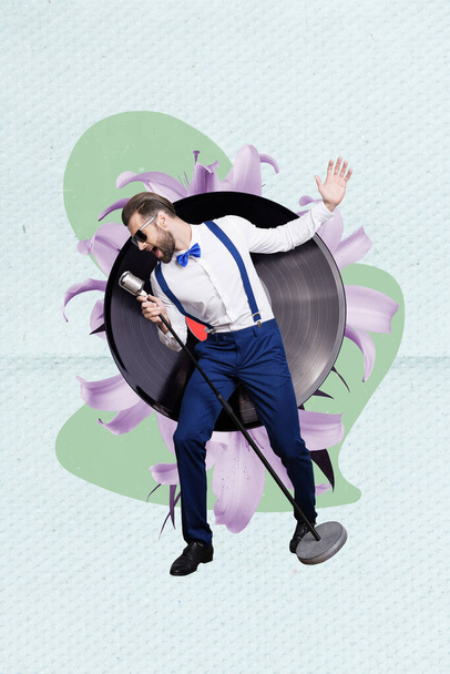 Vertical collage picture of mini classy singer guy hold microphone big vinyl record flower isolated on creative background. - Fotó, kép