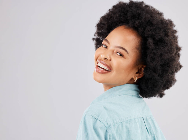 Space, happy and portrait of black woman in studio with smile, confidence and happiness on white background. Fashion, success mockup and face of girl with positive mindset, pride and empowerment. - Φωτογραφία, εικόνα