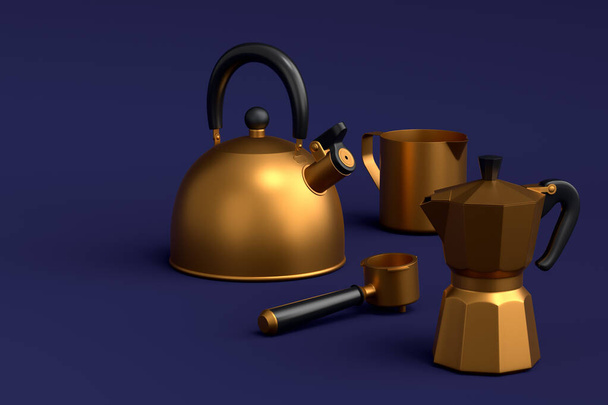 Espresso coffee machine, kettle with horn and geyser coffee maker for preparing breakfast on blue background. 3d render of coffee pot for making latte coffee - Foto, imagen