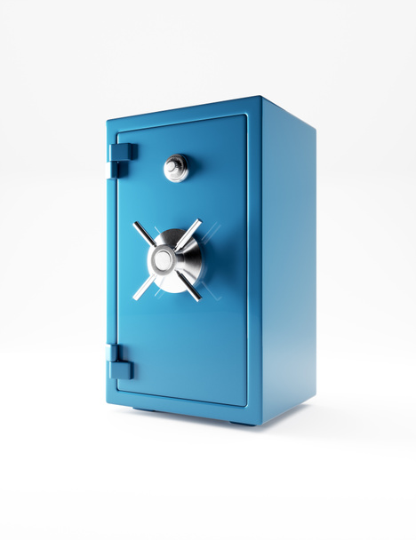 Große vertikale geschlossene blaue Metalltresor isoliert auf weißem Hintergrund. Waffensicher. Clip-Art zur Bankensicherheit. 3D-Darstellung. - Foto, Bild