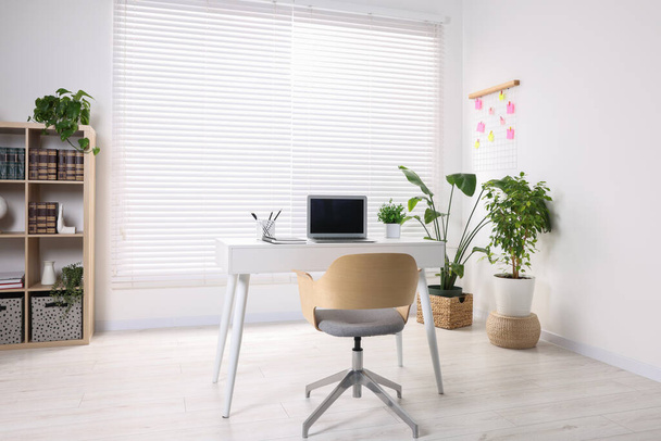 Posto di lavoro elegante con scrivania, sedia, libreria e piante in vaso a casa - Foto, immagini