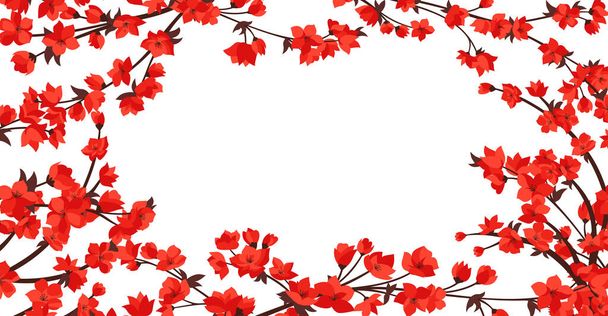 赤い花のフレームバナーやカードを持つ桜の枝。花弁を持つ優雅な日本の花の小枝植物。アジア系中国人の春咲きの背景。ベクトル東洋テンプレートイラスト - ベクター画像