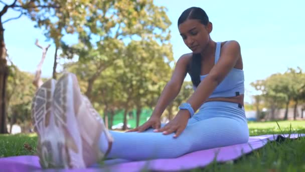 Yoga, estiramiento y mujer haciendo un ejercicio en la naturaleza para el cuerpo, el espíritu y el bienestar mental. Fitness, salud y saludable hembra india haciendo un ejercicio de meditación de calentamiento en un jardín o parque verde - Metraje, vídeo