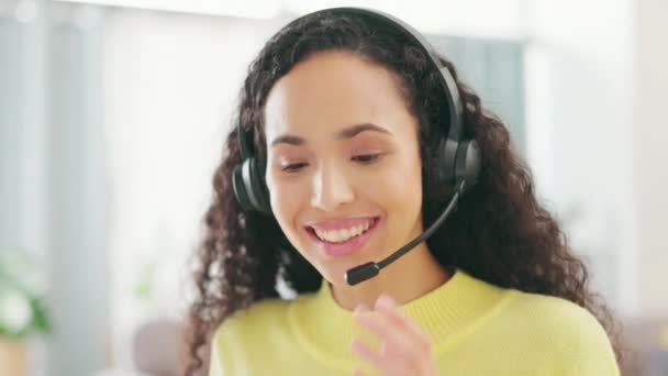 Remote work, mic or woman in a telemarketing call center, customer services or online technical support. Communication, crm or friendly agent talking, consulting or helping with loan advice at home. - Footage, Video