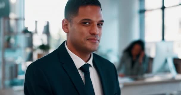 Modern office, smile on face and man with confidence and happiness for entrepreneur at work. Happy portrait of businessman with job success, business opportunity and professional career in workplace - Footage, Video