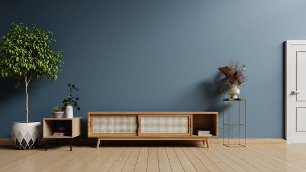 Dark blue wall for tv in living room,Modern living room decor with a tv cabinet.3d rendering - Φωτογραφία, εικόνα