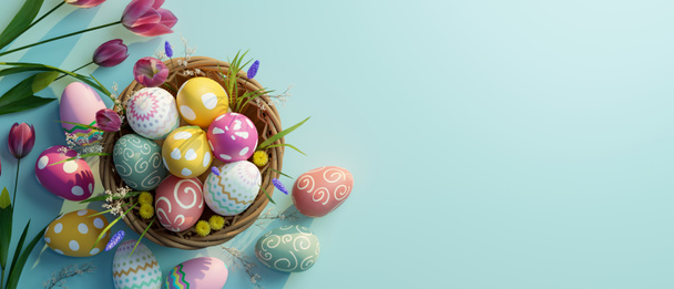 Beautiful Easter backdrop with colorful Easter eggs in a wicket basket and tulips on a blue background with copy space for display your text. 3d render, 3d illustration - Photo, Image