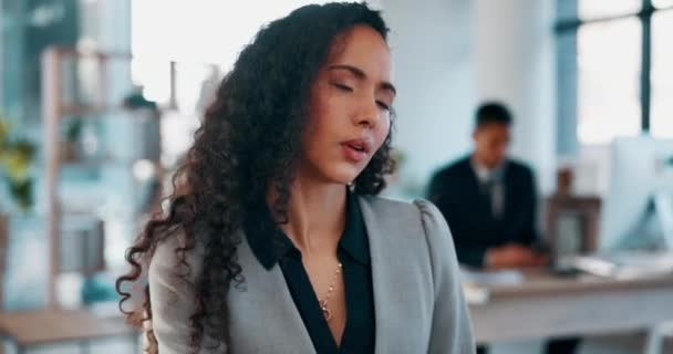 Shoulder pain, fatigue and a business woman in her office, working on a project while suffering from bad posture. Anatomy, joint and injury with a female employee rubbing her sore muscles at work. - Footage, Video