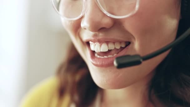 Call center, closeup or mouth of talking woman in communication or speaking to help at crm. Customer services, friendly or happy sales agent girl consulting on microphone at technical support company. - Footage, Video