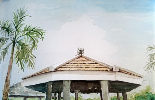 水彩画鳥いくつか屋根の空 - 写真・画像