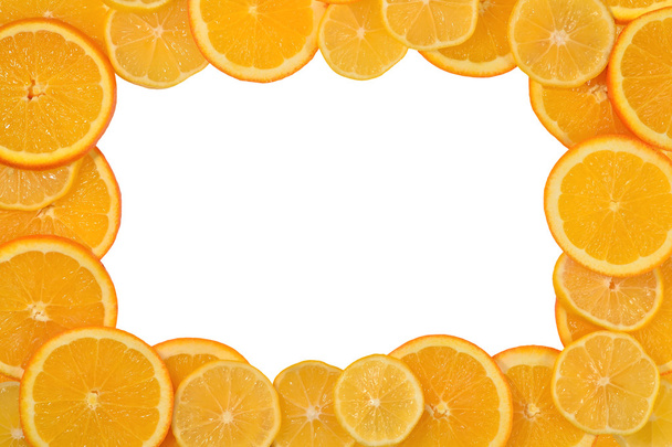 Quadro de partes de limão e laranja em um branco
 - Foto, Imagem