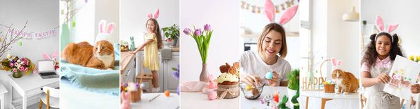 Праздничный коллаж для празднования Пасхи с счастливыми девушками, симпатичной кошкой, вкусными тортами и покрашенными яйцами дома - Фото, изображение