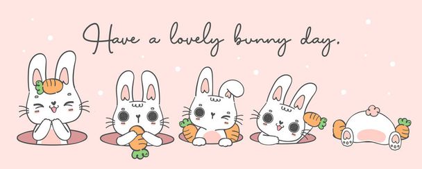 group of cute Happy white baby bunny rabbit in hole, have a lovely day, cartoon drawing outline banner - Vector, Image