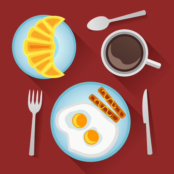 Breakfast with fried eggs, sausages, croissant and cup of coffee. Flat style - Vector, Image