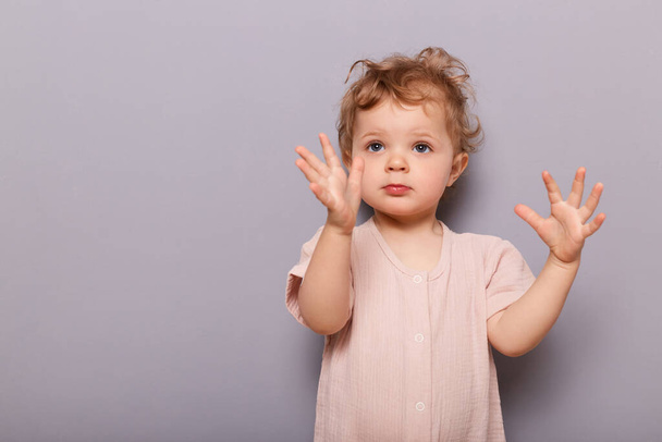 Portrait of calm focused toddler girl standing isolated over gray background looking away, raised her hands, looking at something interesting, copy space for advertisement. - 写真・画像