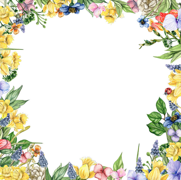 Watercolor hand drawn spring garden full of flowers square frame. Watercolor illustration for scrapbooking. Cartoon hand drawn background with flower for kids design. Perfect for wedding invitation. - 写真・画像