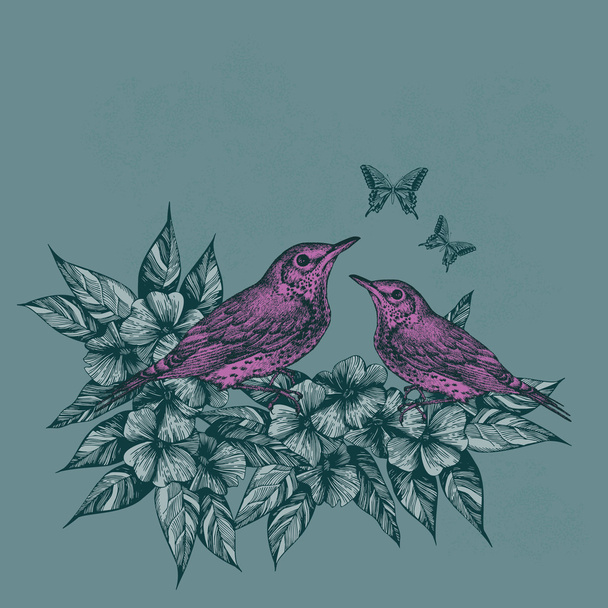 Spring background with two pink birds and butterflies, hand-draw - Вектор,изображение