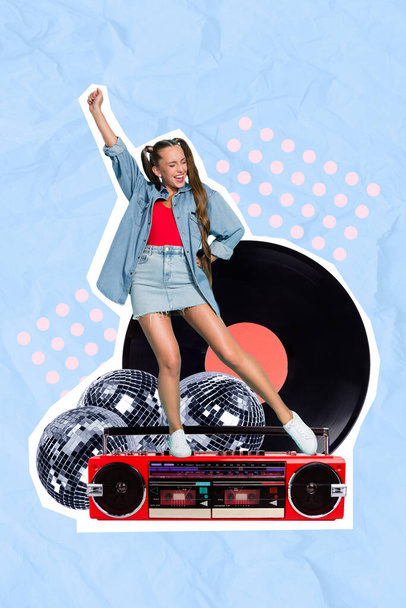 Vertical photo collage of young carefree dancing overjoyed girl hipster cassette player boombox rhythm disco ball isolated on blue blue background. - Photo, image