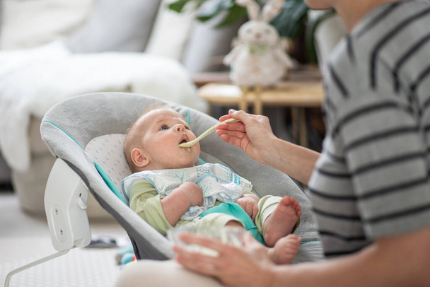 Mãe colher alimentando seu bebê menino criança em cadeira de bebê com purê de frutas. Conceito de introdução de alimentos sólidos para bebês - Foto, Imagem